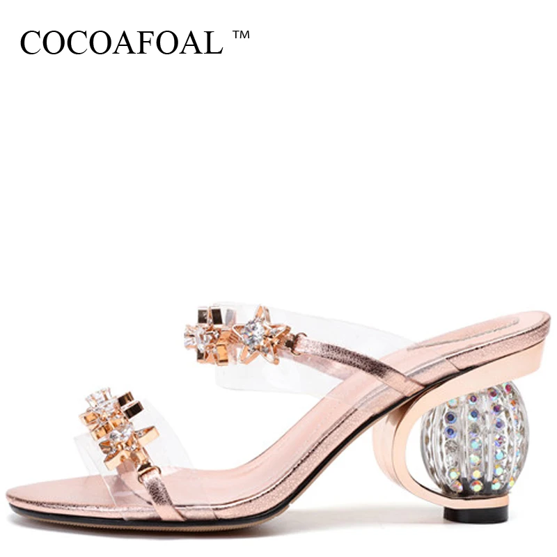 

COCOAFOAL Women's Gold Rhinestone Slides Gray Transparent Slippers Summer Genuine Leather Clear Heels Crystal Sandbeach Slides