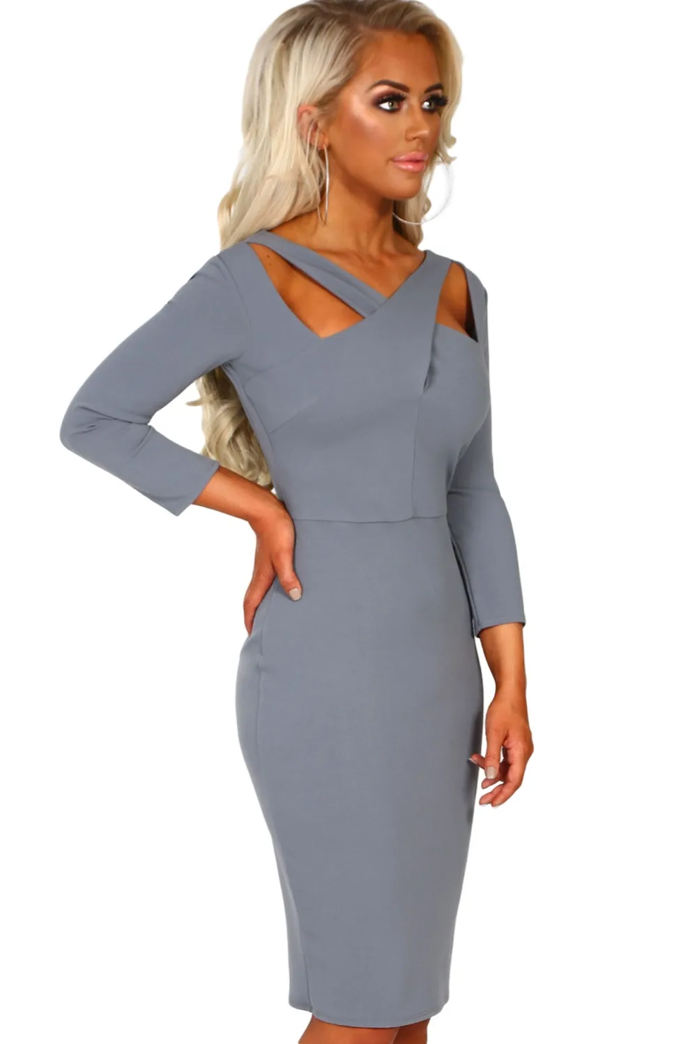 Gray-3-4-Sleeve-Cross-Over-Bodycon-Midi-Dress-LC610407-11-3