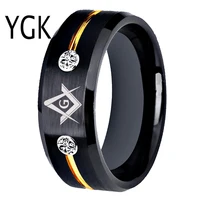 Tungsten Carbide Rings Vacuum Plating Black Golden Line Rings With White Stones Mason Masonic Tungsten Ring Anniversary Gift 1