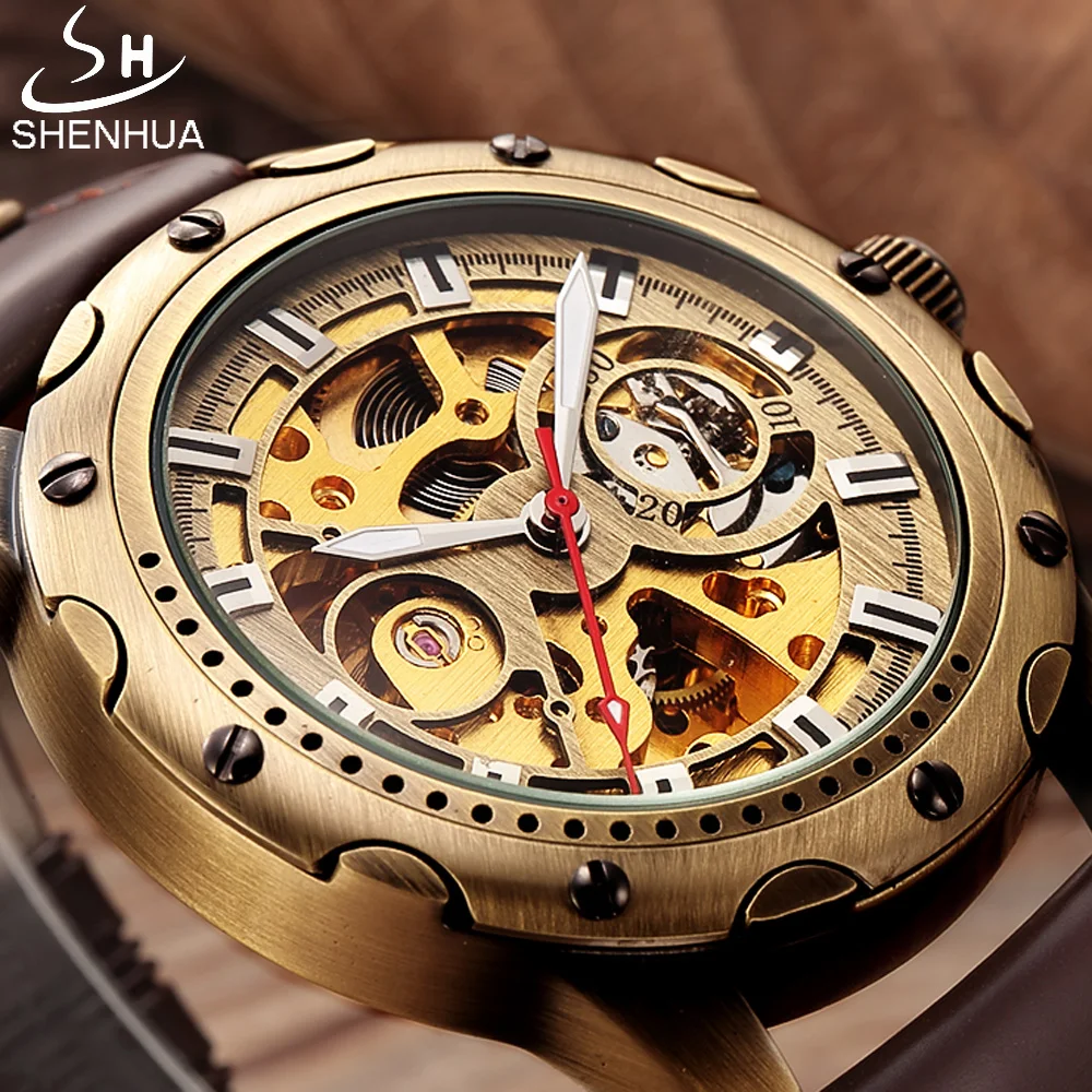 SHENHUA Retro Bronze Skeleton Mechanical Watch Men Automatic Watches Sport Luxury Leather Watch Relogio Masculino