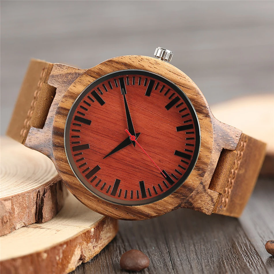 Creative Wooden Wrist Watch Genuine Leather Band Strap Analog Bamboo Quartz Handmade Red Face Wood Watch for Gifts YISUYA (11)