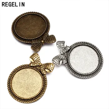 

REGELIN 5pcs/lot Inner size 30mm Brooch Base Bow Pendant Antique Bronze Setting Cabochon Tray DIY Jewelry Making Findings