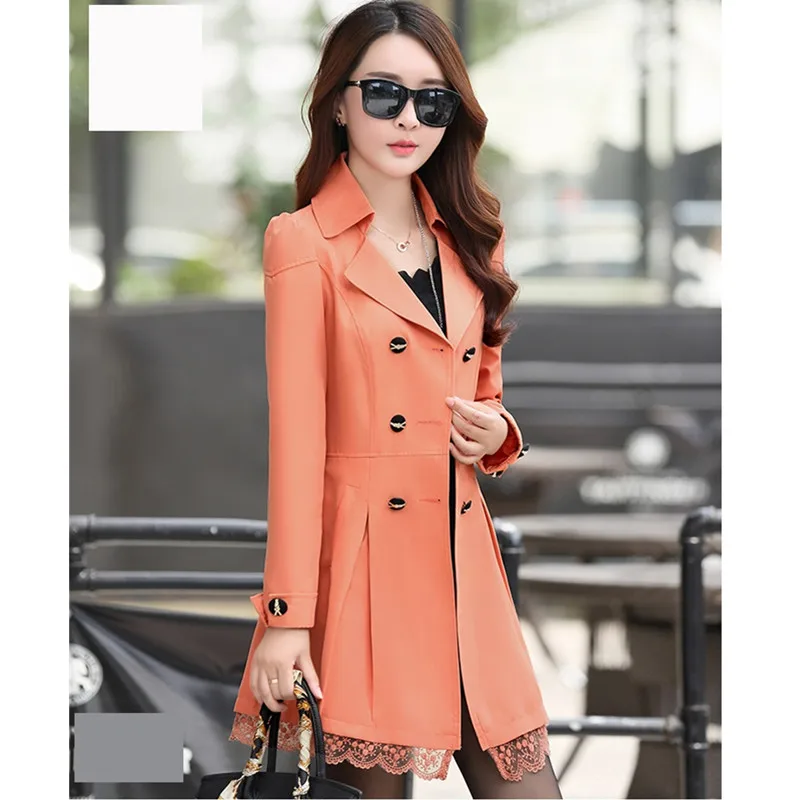 UHYTGF модная Корейская Весенняя Осенняя верхняя одежда женская двубортная кружевная элегантная женская куртка тонкая Длинная ветровка пальто 139 - Цвет: Orange pink