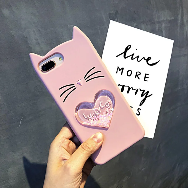 Liquid love heart quicksand 3D Cartoon Smile Lucky Black Cat Case for iphone 7 (2)