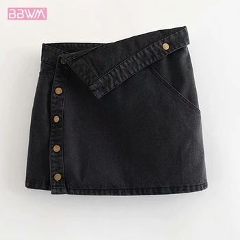 

Summer new irregular cuffed denim skirt female high waist skirt Black 2019 sexy mini beige Women's skirt Button casual