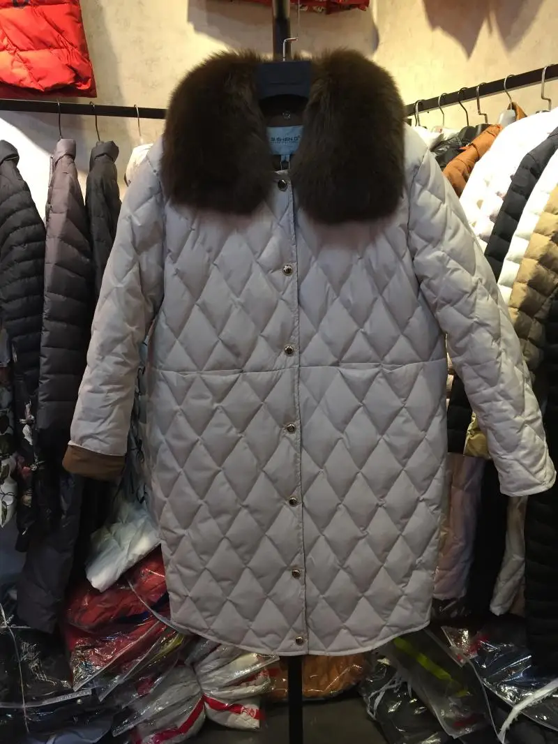 

Winter women's duck down coat with real fox fur collar lady female warm jacket parkas black pink brown ivory plus big large size