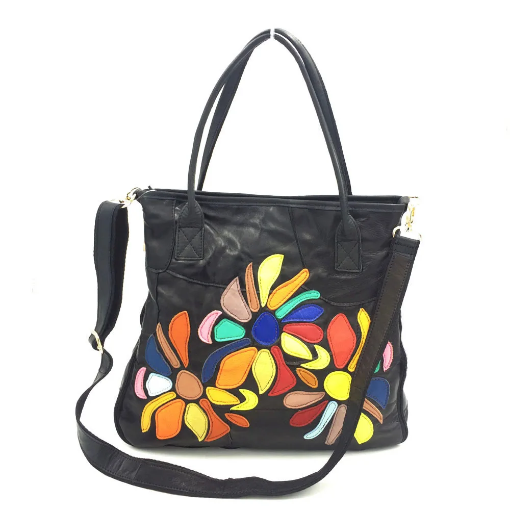 

Flower design genuine leather women's big handbag female shoulder bag sheepskin leather black color