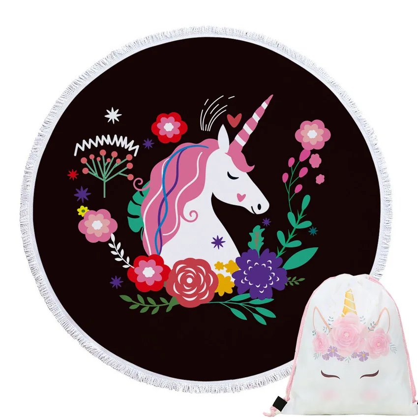 

Soft Unicorn Summer Round Beach Towel with Drawstring Backpack Bag Bath Shower Towels Yoga Mat Sofa Cover Blanket with Tassels