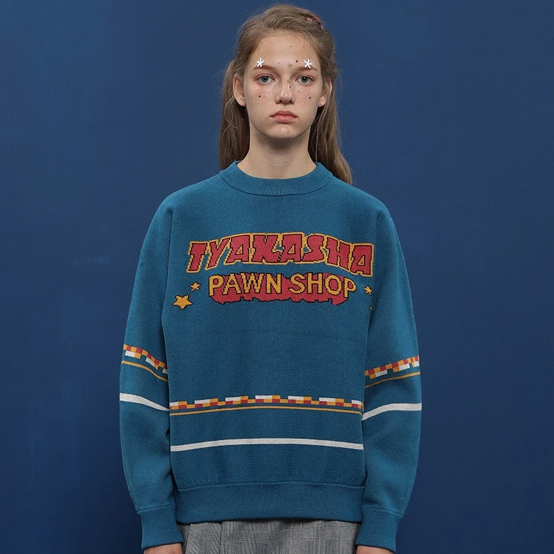 

Vintage Women Cotton Pullover Sweater Letters Jacquard Loose Female Knitting Tops Long Sleeve Winter Thick Female Knitwear