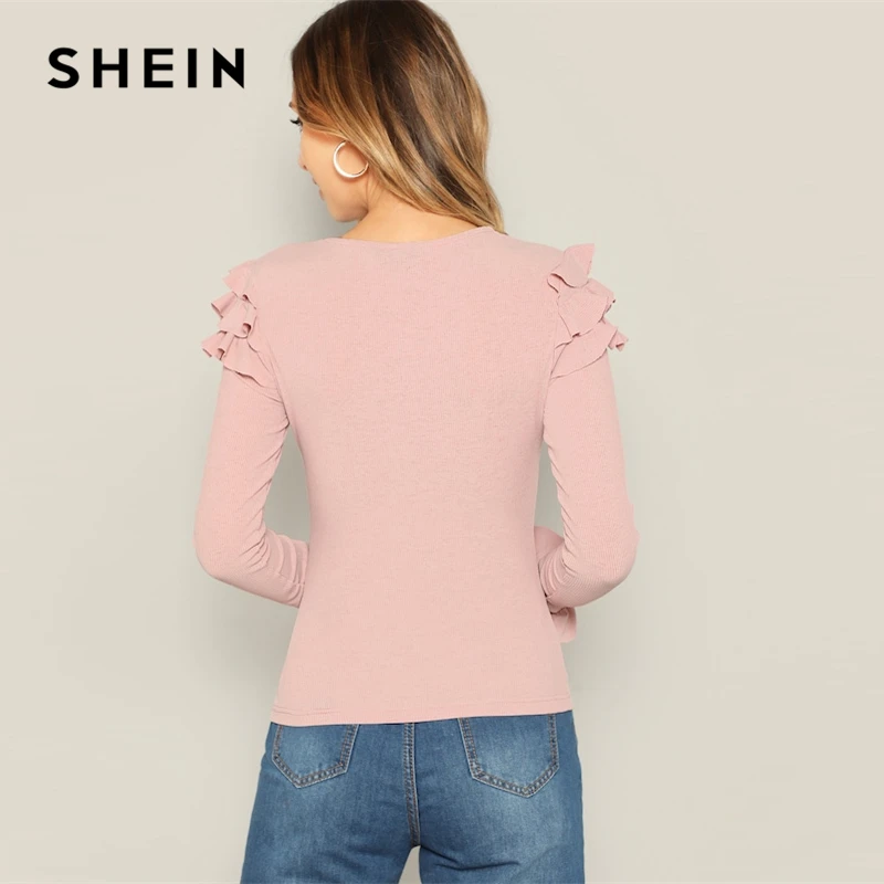 SHEIN الوردي الطبقات حافة كشكش ضلع متماسكة عادي صالح سليم المحملة الصيف مكتب سيدة أنيقة جولة الرقبة طويلة الأكمام الصلبة النساء التي شيرت SHEIN الوردي الطبقات حافة كشكش ضلع متماسكة عادي صالح سليم المحملة الصيف مكتب سيدة أنيقة جولة الرقبة طويلة الأكمام الصلبة النساء التي شيرت