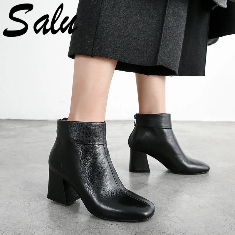 

Salu Brand Woman Genuine Leather Ankle Boots Pointed Toe Cross-tied Autumn Winter Shoes Woman Short Knight Basic Boots