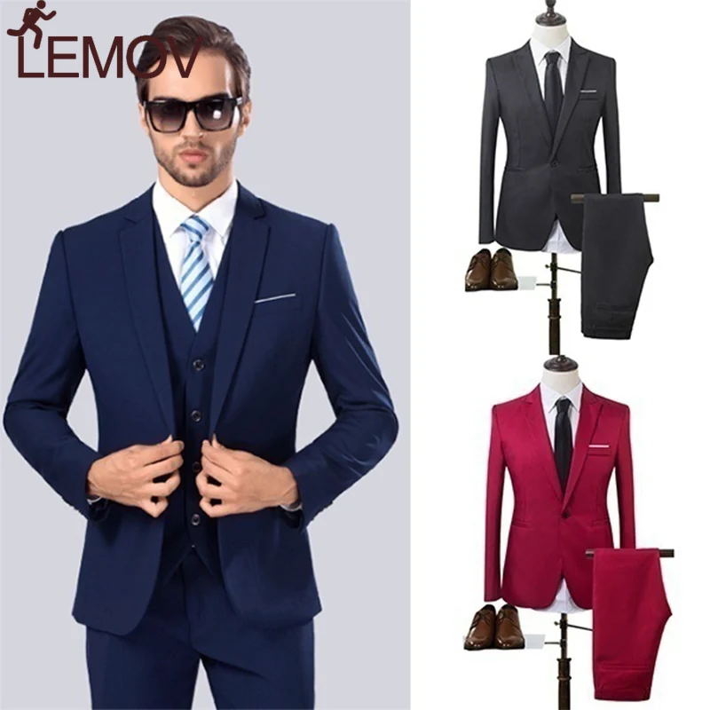 

2019 High Quality Men Fashion Slim Suits Male Business Casual Groomsman 2pcs Wedding Suit Men's Jacket Pants Trousers Sets