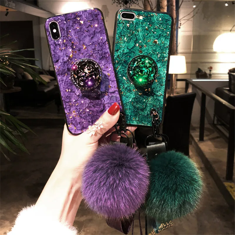 

For Huawei Y6 Prime 2018 marbled 3D shiny diamond stand fashion hair ball lanyard phone cover case For Huawei Y6 2018 phone case