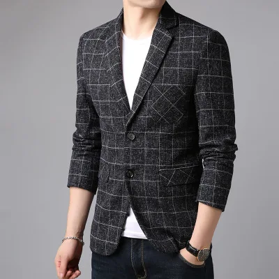 

Красивый черный клетчатый элегантный мужской повседневный уличный модный пиджак, мужской облегающий деловой клетчатый блейзер в полоску