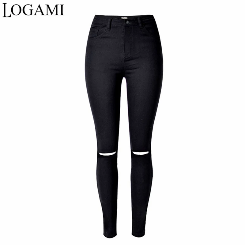 LOGAMI черный Высокая Талия обтягивающие джинсы женские Рваные джинсы эластичные карандаш Жан брюки