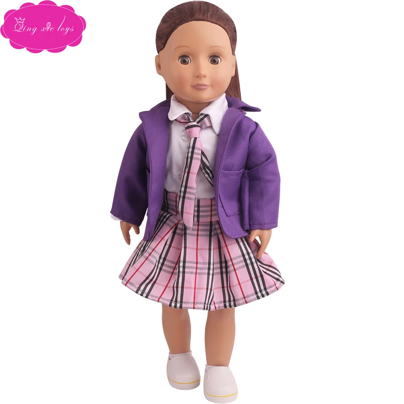 

18 inch Girls doll clothes Purple school uniform skirt suit 3 pcs American new born dress Baby toys fit 43 cm baby dolls c791