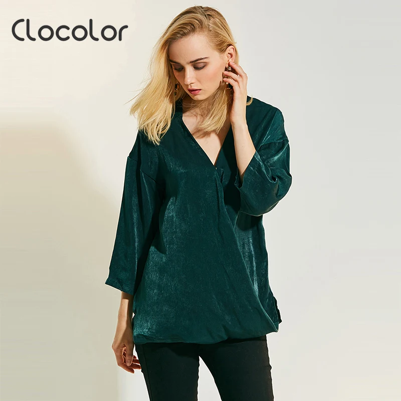 Women Green Blouse V Neck Modern Fashion Spring Summer