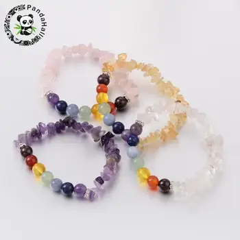 

15pcs/lot Chips and Round Chakra Natural Mixed Stone Beaded Strench Bracelets, Mixed Stone, 50~53mm,15Strands/lot