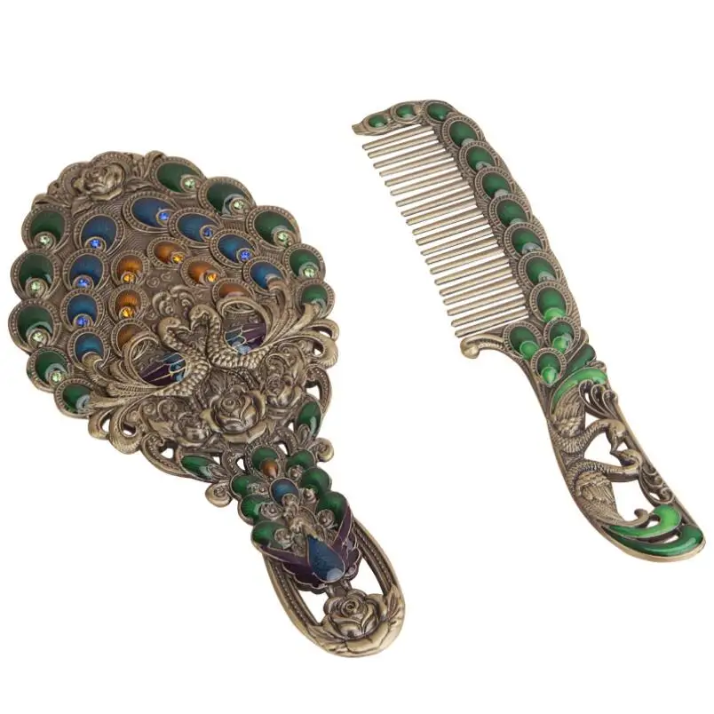 High quality and elegant portable retro small handle mirror with a comb