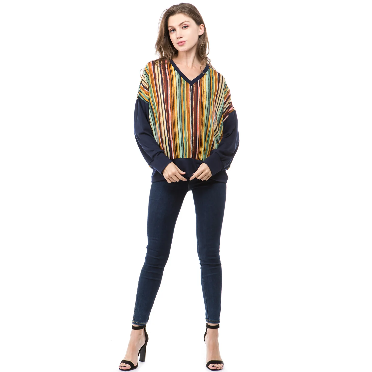 

Women T Shirts Vintage Striped National style Long Sleeve Summer V-neck Patchwork European Style T shirts Woman Tops Navy
