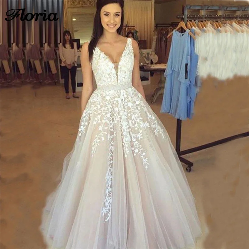 V-Neck-Wedding-Dresses-Light-Champagne-Floor-Length-Applique-Open-Back-Sleeveless-A-Line-Backless-Bridal