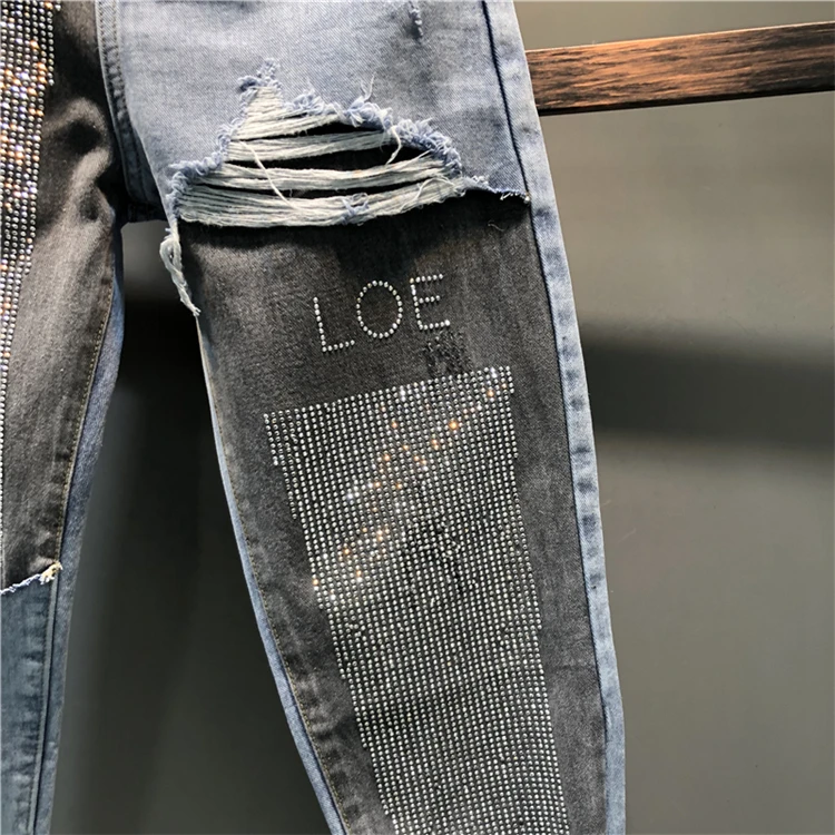 Kopen Lente herfst mode AB gezicht hit kleur stiksels jeans vrouwen diamant enkellange hoge taille harembroek