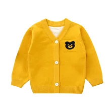 Милый детский свитер с медведем; кардиган; Хлопковый вязаный свитер для новорожденных мальчиков; Детский кардиган с v-образным вырезом и длинными рукавами; свитер для улицы; сезон весна
