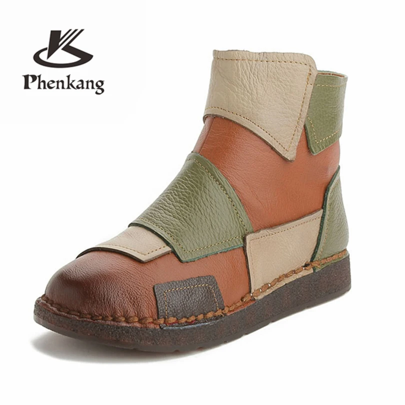 

Women Fashion Design Shoes Woman Mixed Color Retro Casual Handmade Ankle Boots Flat Real Genuine Leather Women Shoes Phenkang
