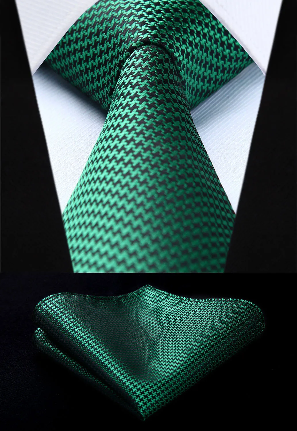 TG602G8S Green Houndstooth 3.4" Silk Tie set Party Wedding Woven
