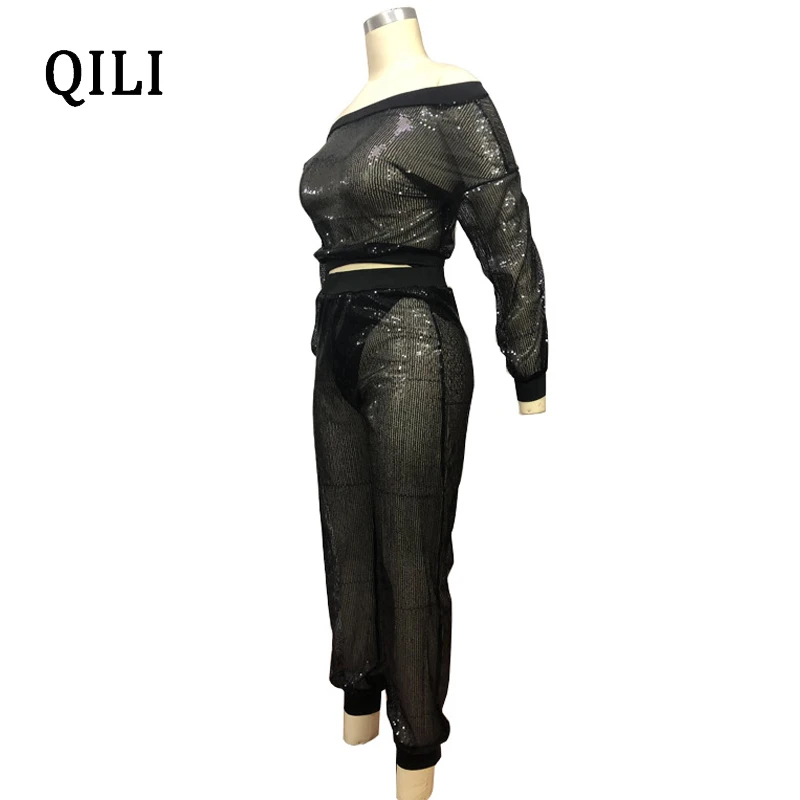 QILI женский, Черный блестками Комбинезоны, комбинезон с длинным рукавом сетки комплект из двух предметов Комбинезоны Сексуальная See Through Club
