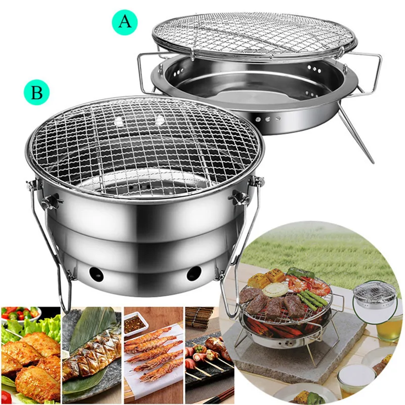 Horno de barbacoa de acero inoxidable al aire libre portátil redondo plegable estufa de Picnic calefacción Camping utensilios de cocina Kamp