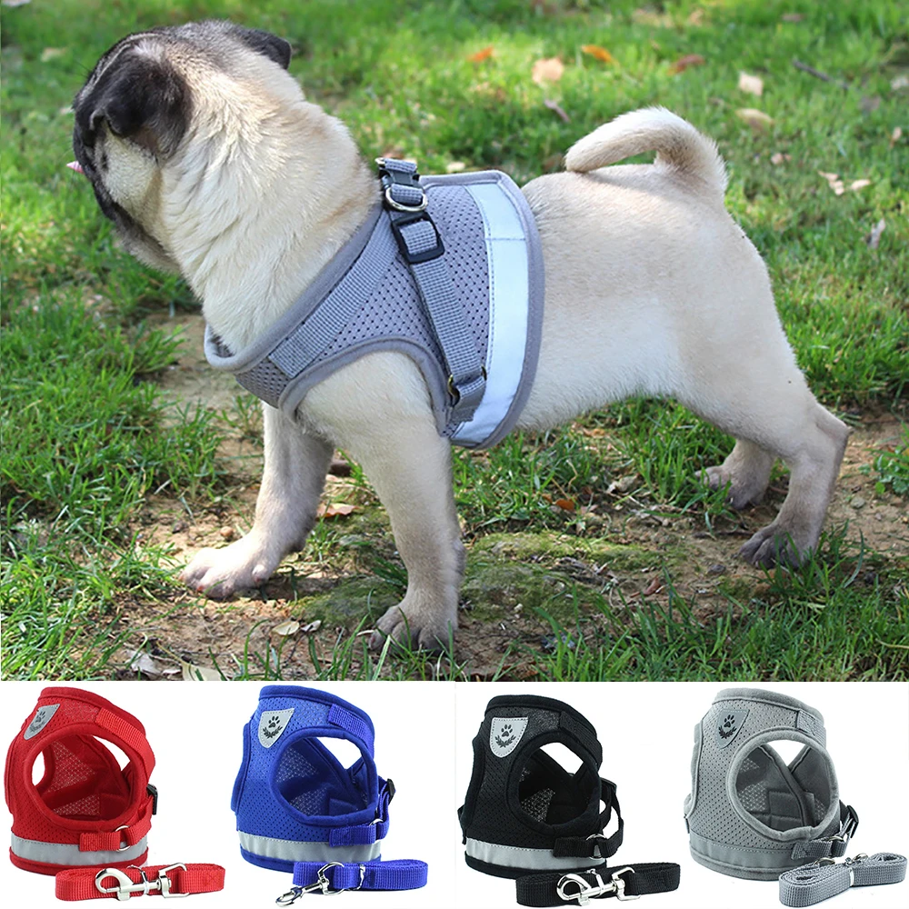 

Safety Dog Harness Leash Set For Small Medium Dogs Nylon Mesh Puppy Cat Harnesses Vest Reflective Walking Lead Leash For Pug