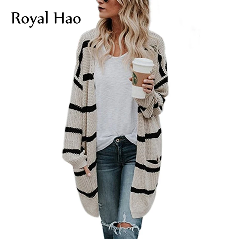 R & H 2018 новый женский свитер модный длинный полосатый вязаный кардиган свитер модный v-образный вырез женский свитер плюс размер 3xl R & H-66616