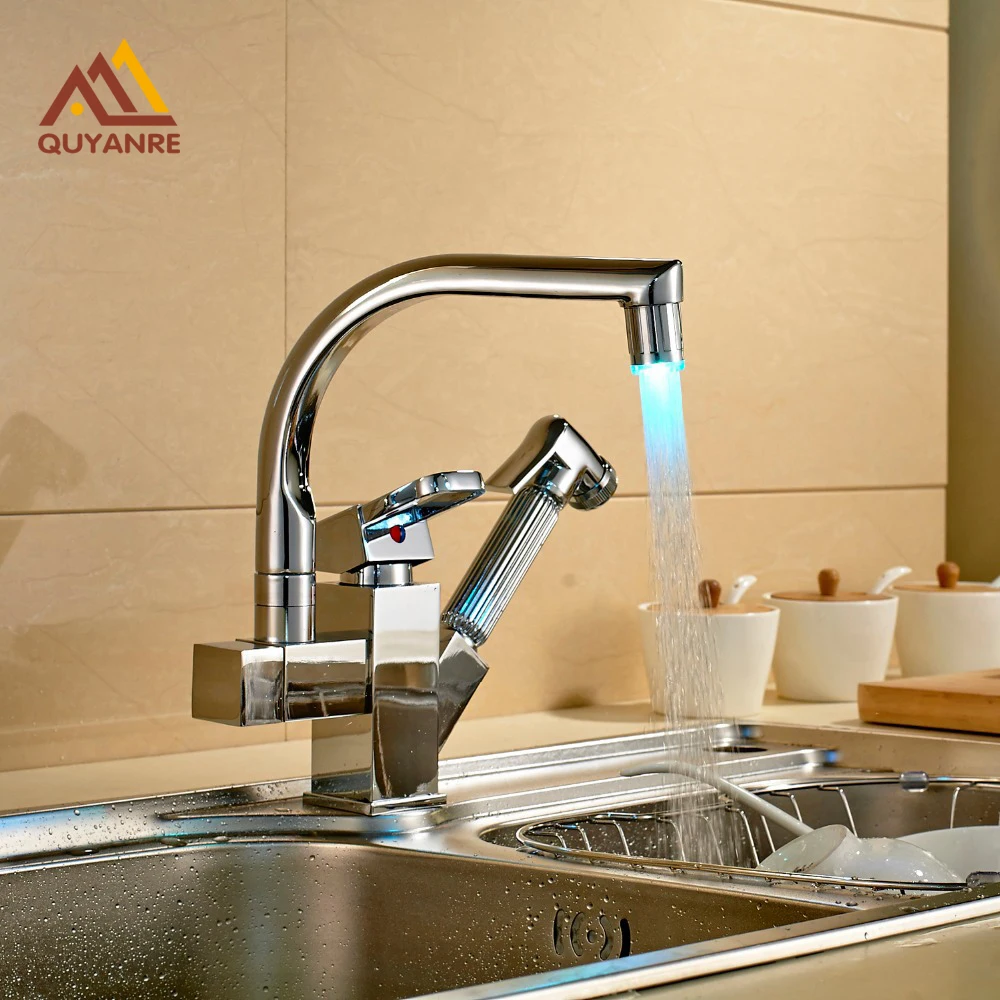 

LED Swivel Spout Kitchen Sink Faucet Pull Out Hand Spray One Hole Mixer Tap