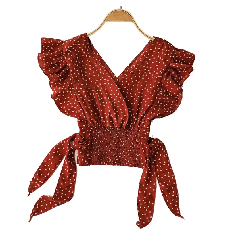 

2019 Deep V Neck women's Shirt Spring Solid Chiffon Blouse Sleeveless bow blusas women Elegant Elastic pleating top and blusas