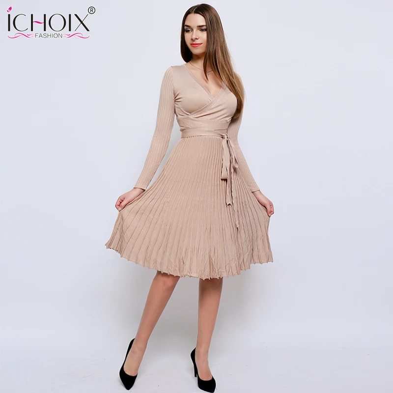 

ICHOIX Elegant Winter knitting Dress 2019 New Autumn Office High Waist Dresses Women V-Neck Vintage Pleated Vestidos With Sashes
