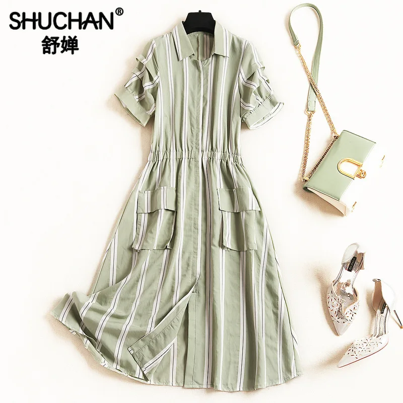 

Shuchan Casual Striped Vestidos Casuales Moda 2019 Elegant Women Dress Korean Knee-Length A-Line Pockets Female Dresses 51319