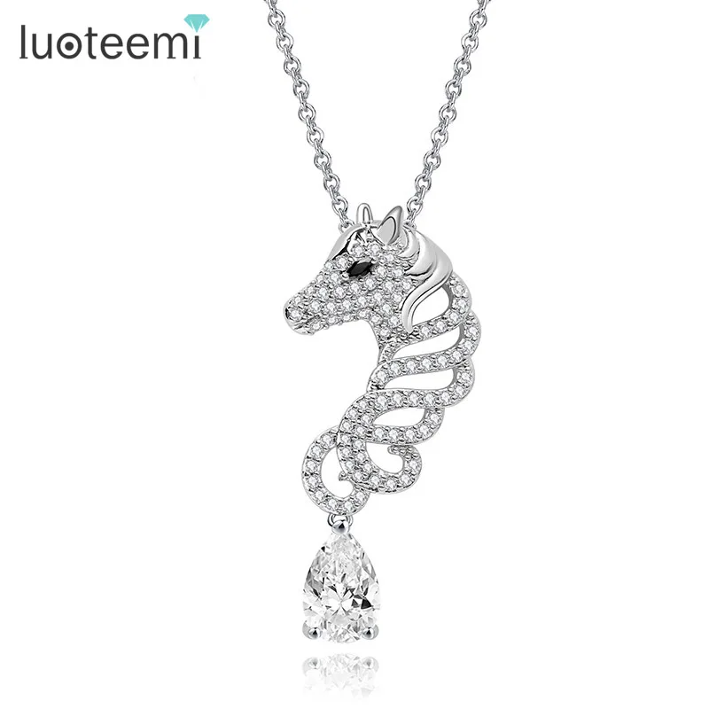 

LUOTEEMI Wholesale Antique Cute Animal Horse Link Chain Pendant Necklace For Women Luxury Bling White Gold-Color Jewelry 2016