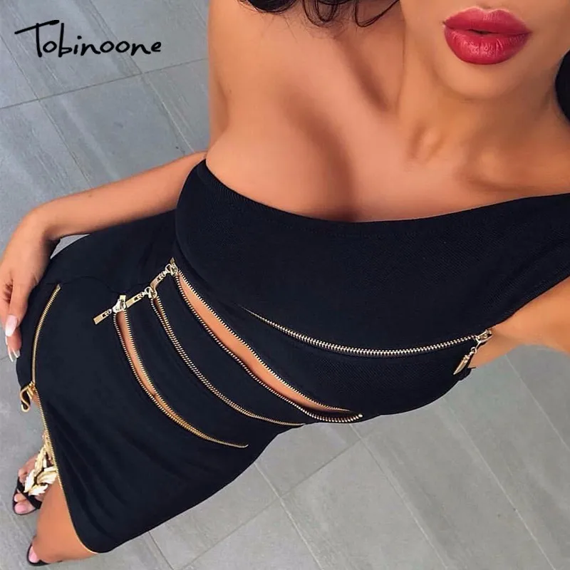 

Tobinoone Elegant sexy mini dress Women one shoulder hollow out bodycon black dress Summer Zippers club party dress vestidos new
