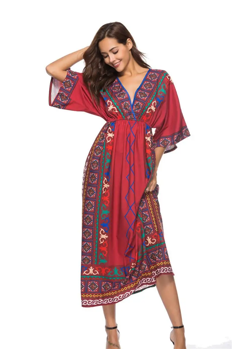 Летние женские богемные платья пляжные кимоно с v-образным вырезом с коротким рукавом с принтом праздник хиппи Дубай этническое винтажное