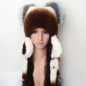 

4552 New Fashion European and American Winter Natural Rabbit Fur hat Women Ear Hat Warm cold Protective Ear Bomber Hats