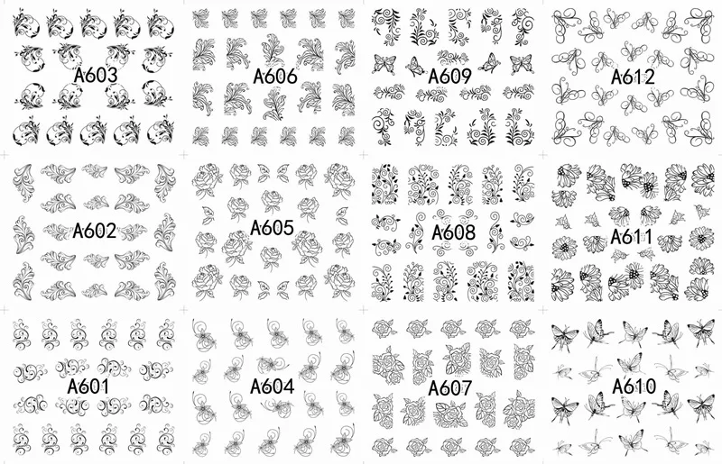 12 sheets lot water transfer nail art decorations stickers decals manicure nails supplies tool Cute animal cat dog rabbit - Цвет: A601-612