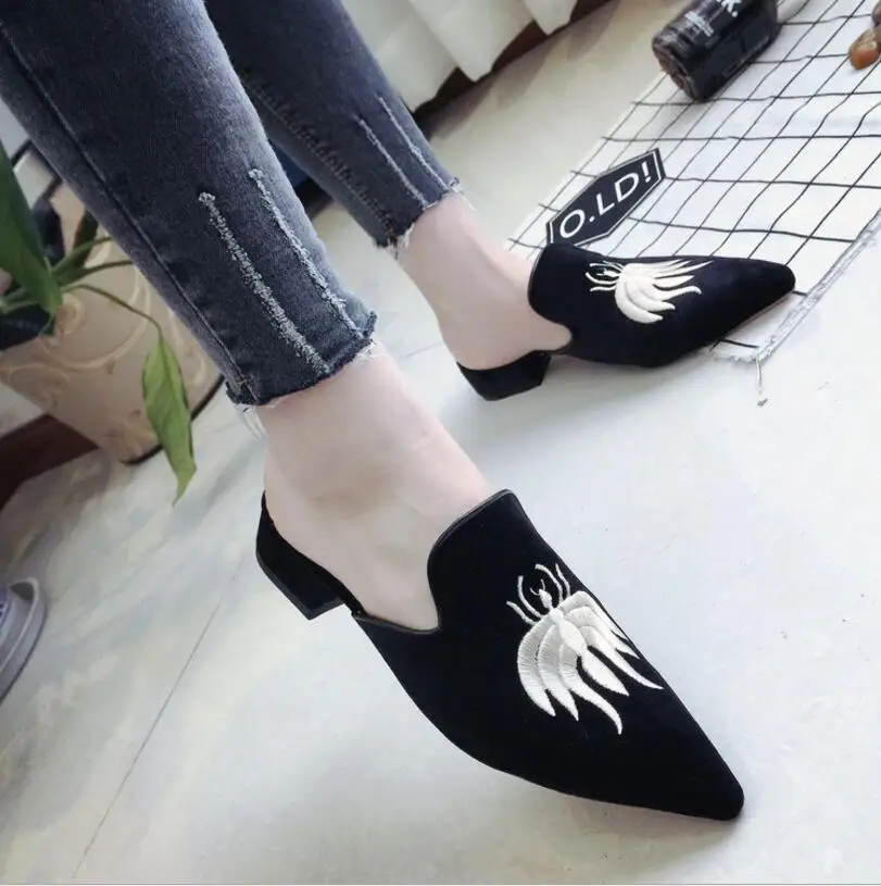 

2017 Embroider Velet Mules Slides Furry Slipper Flat Heel Platform Flip Flops Slipony Woman Shoes