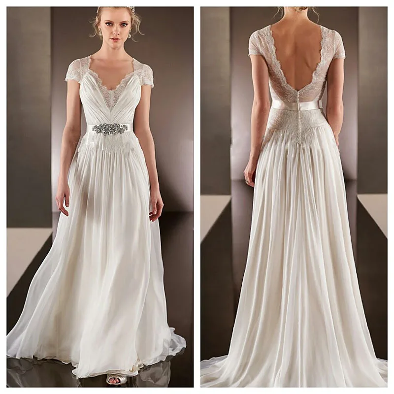 

Vestido De Noiva Sexy V-Neck Backless robe de mariee Chiffon bridal Gown Floor Length Sweep Train Vintage bridesmaid dresses