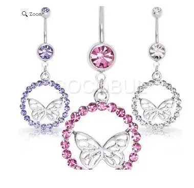 

New Arrive Belly Dance Butterfly Belly Bar with Gem 316L Surgical Steel Navel Bell Button Ring for Women Girl 12pcs/lot