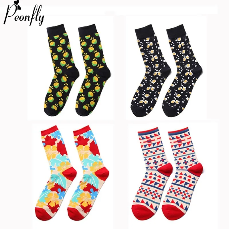

PEONFLY Winter Colorful Cartoon Beer Mug Lemon Geometry Pattern Cotton Jacquard men Sock High Quality Happy Street Skate Socks