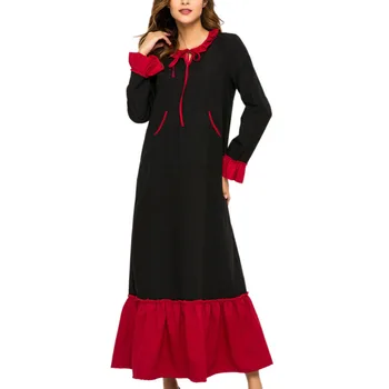 

Fashion Women Muslim Dress Tie Pocket Middle East Abaya Kaftan Islamic Stitching Dress Loose Ramadan Arabic Caftan