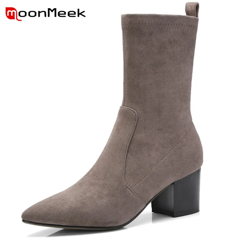 

MoonMeek new arrive 2018 pointed toe ankle boots fashion autumn winter ladies brand boots flock woman boots high heels shoes
