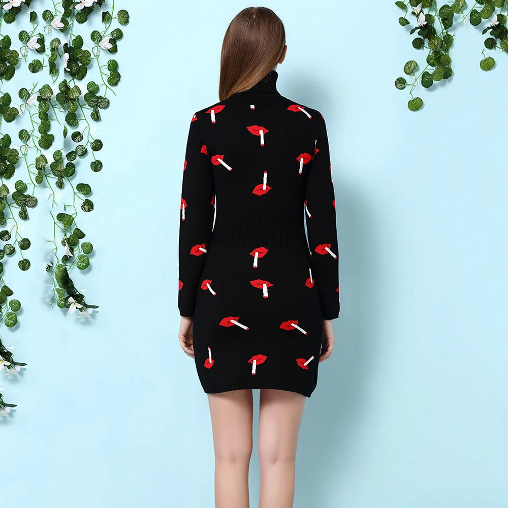 Strickkleid Frauen Lippen De Bodycon Roten Pullover Neue Kleid Rollkragen Schlank Vestids In Festa Lange Print Winter Elegante 742017 Us68 Sleeeve JK13TFulc