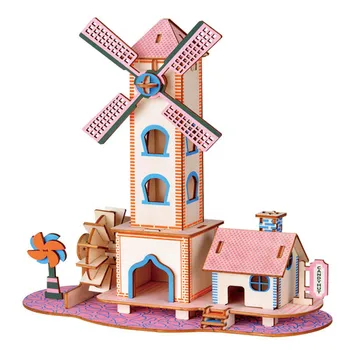

Windmill House Puzzles Assembly DIY Kit Kids Puzzle Toy 3D Stereo Wooden Model Puzzles Fits Childs Over 5 Years Old Kids Gift